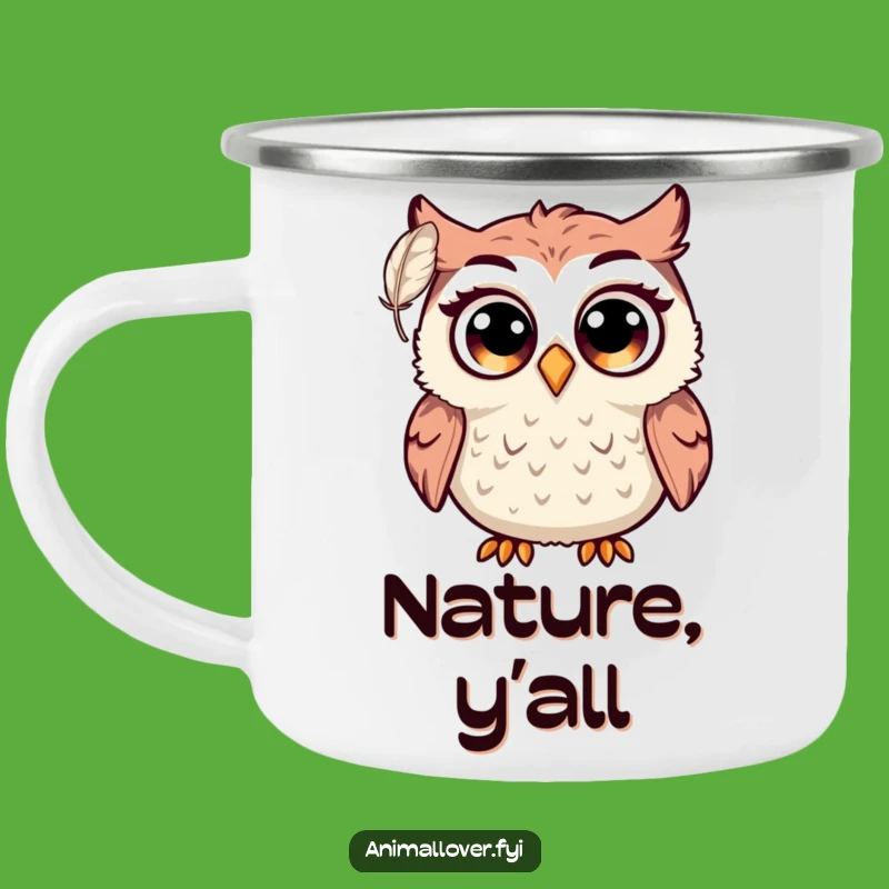 Funny Surprised Owl Camping Mug: Big Eyes Startled by Feather, Outdoor Gift