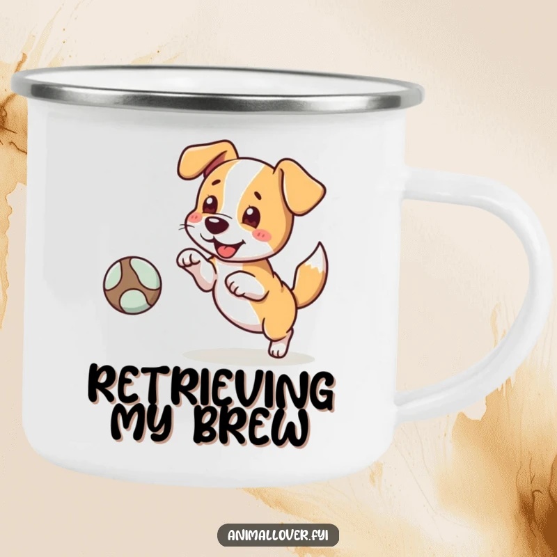 Funny camping mug with a dog character fetching a ball, tail wagging, perfect for outdoor enthusiasts and dog lovers.