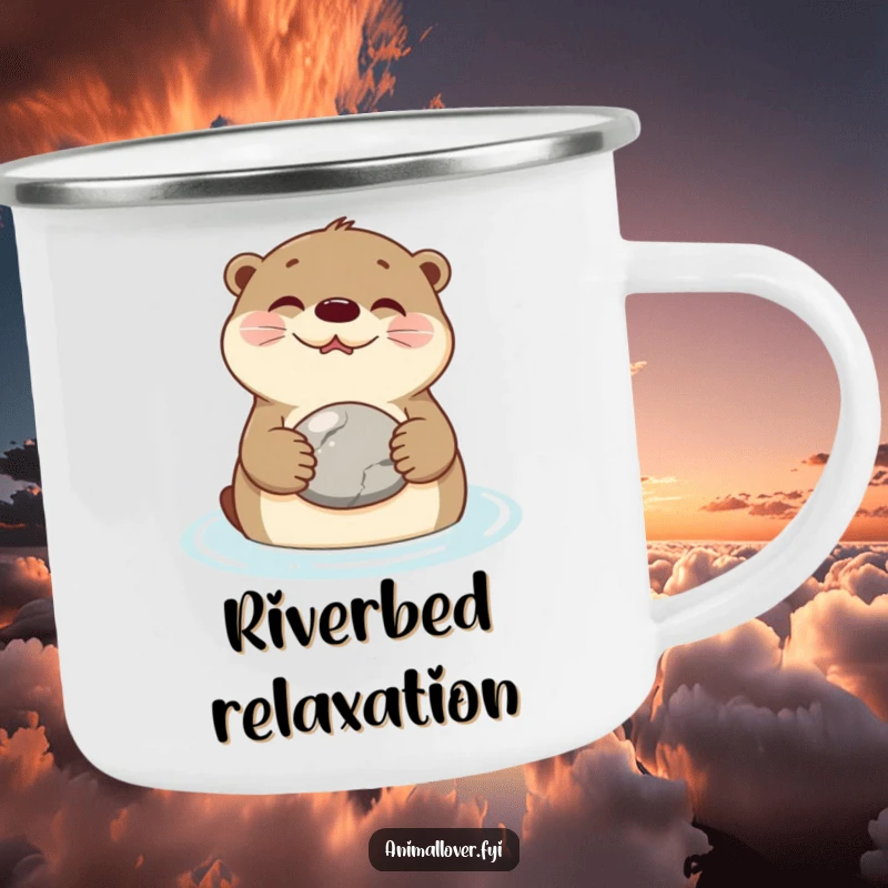 Funny Camping Mug showing a content otter floating on its back, holding a stone, perfect for outdoor chill sessions.