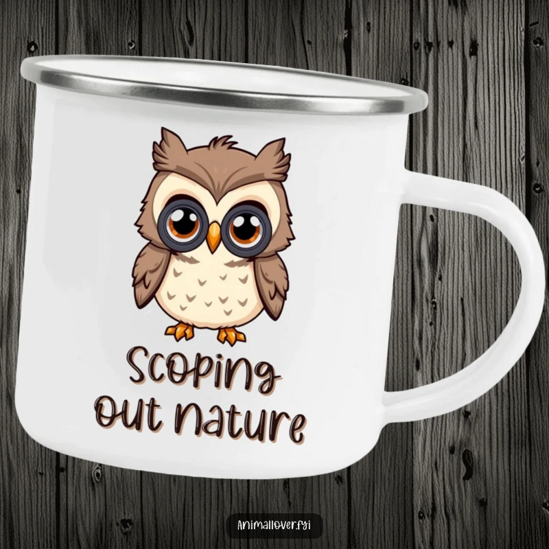Funny Curious Owl Camping Mug featuring an owl with big eyes looking through binoculars, perfect for enjoying drinks outdoors.