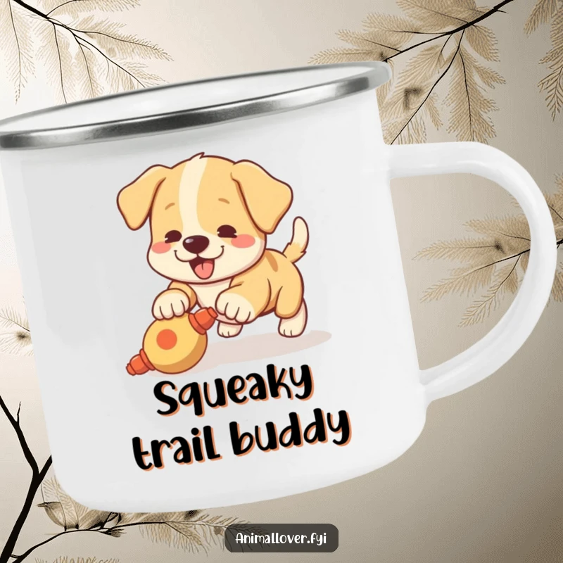 Funny camping mug with a playful puppy pouncing on a squeaky toy, great for outdoors.