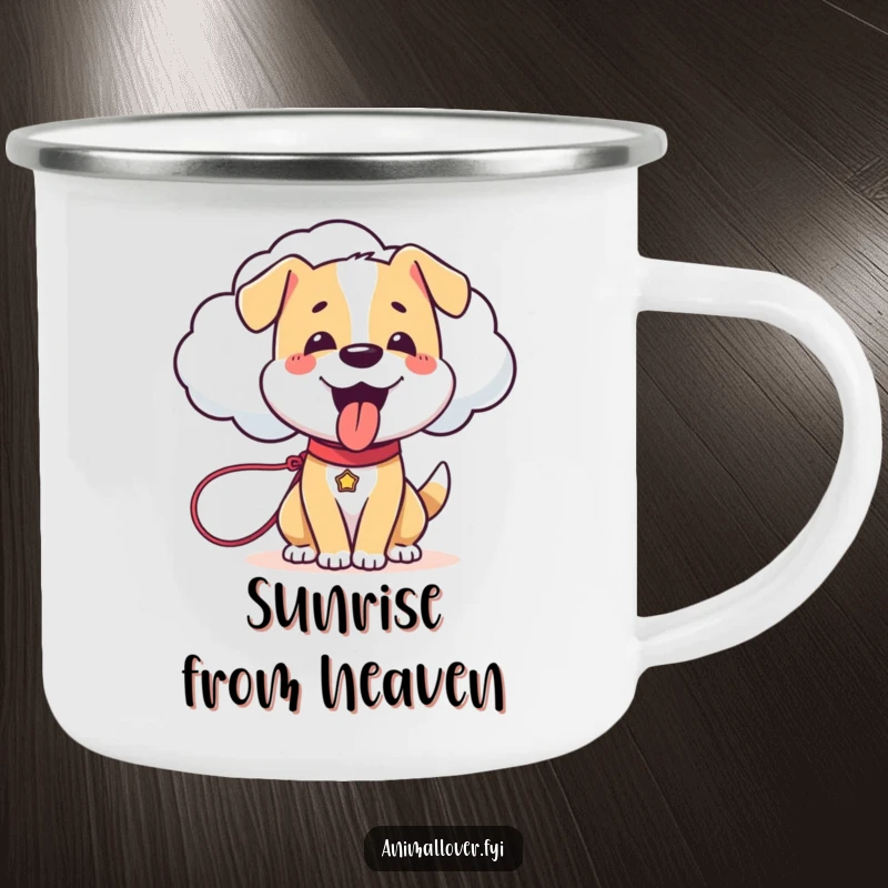 Funny Dog Camping Mug: Enamel mug with a happy dog holding a leash attached to a sentient cloud, perfect for outdoors.