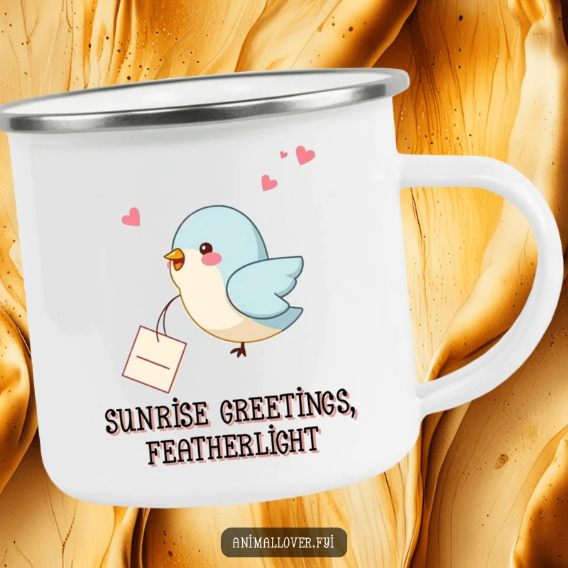 Funny bird camping mug featuring a bird dropping a small note, suitable for outdoor use and humorous enjoyment.