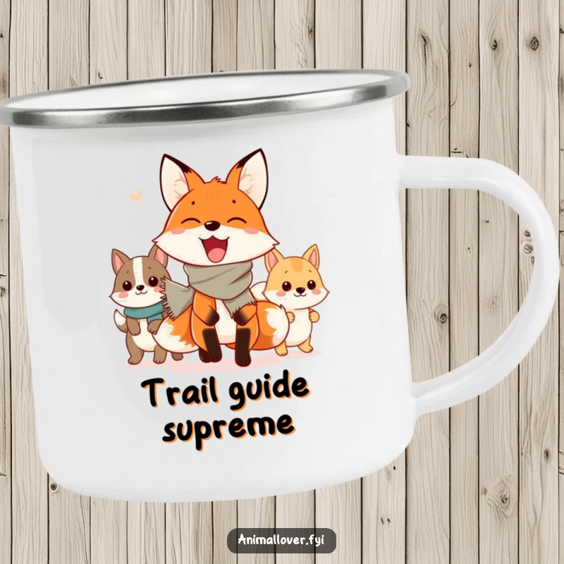 Funny Camping Mug: A spirited fox leads a festive animal parade, ideal for outdoor enthusiasts seeking a touch of humor.