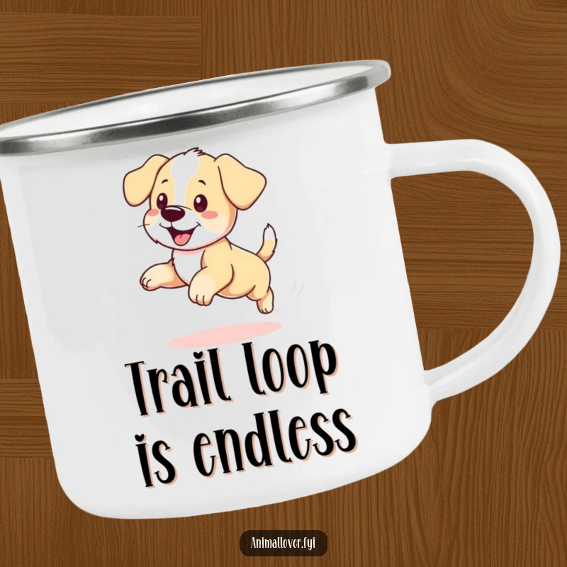 Funny puppy camping mug depicting a happy dog spinning in circles while chasing its tail, great for outdoor enthusiasts.