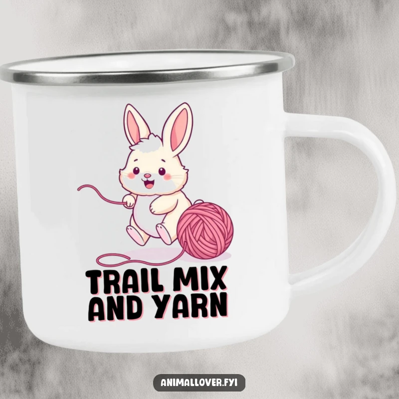 Funny bunny camping mug depicting an energetic rabbit chasing yarn, ideal for outdoor enthusiasts who enjoy cute and humorous designs.