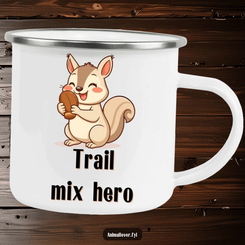 Funny squirrel camping mug with a cheerful squirrel holding a nut and giving a thumbs up, ideal for outdoor cheer.