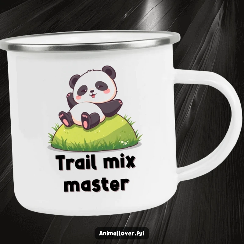 Funny camping mug with a panda rolling down a hill, perfect for adventurers who appreciate humor and hot drinks.
