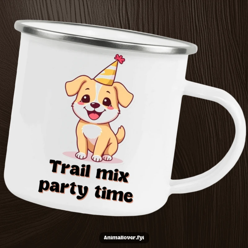 Funny happy dog camping mug wearing a tiny party hat, spinning around, perfect for festive drinks in the great outdoors.