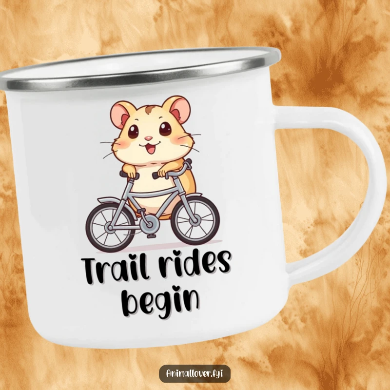 Funny Camping Mug showing a happy hamster with wide eyes, riding a miniature bike, ready for any outdoor escapade.