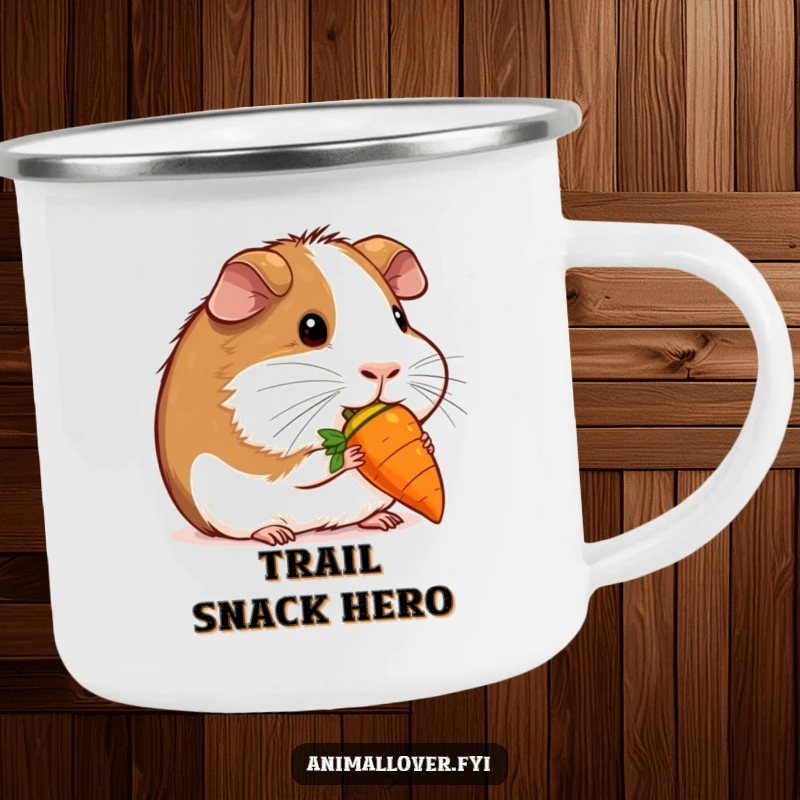 Funny contented guinea pig nibbling a miniature carrot on a camping mug, ideal for outdoor sips with a cute and cheerful spirit.