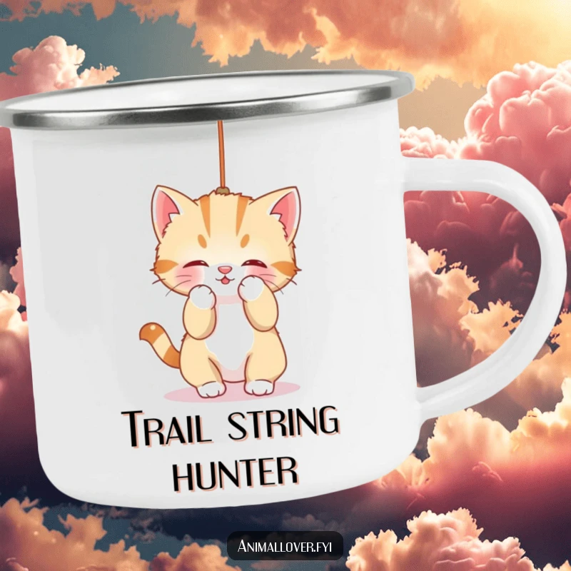 Funny Camping Mug: Playful kitten batting at a string, a charming and humorous design for outdoor enthusiasts who love cats.