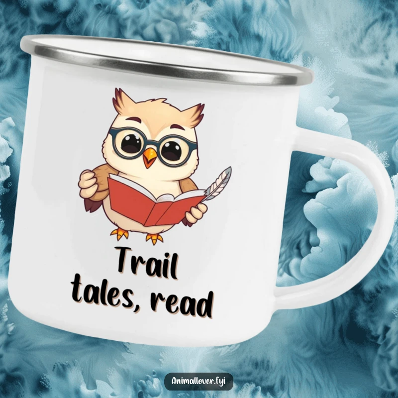 Funny camping mug depicting a wise owl with spectacles, book, and feather, perfect for outdoor enthusiasts who appreciate knowledge and humor.