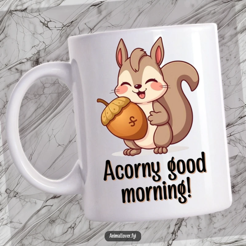 Funny Squirrel Winking Mug, featuring a happy squirrel holding a giant acorn and giving a charming wink, full of nutty joy.