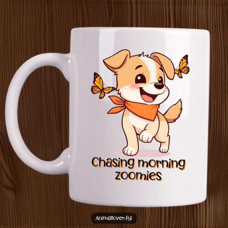Funny mug depicting a happy dog wearing a bandana, enthusiastically wagging its tail while chasing a butterfly.