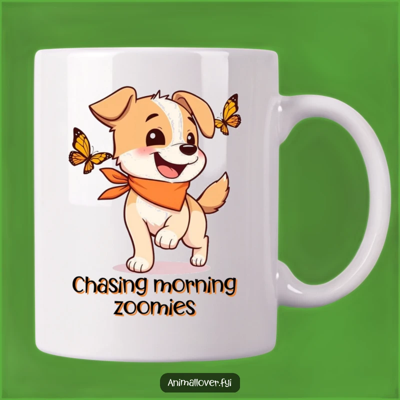 Funny Happy Dog Mug: Bandana Pup Chasing Butterflies, Joyful Funny Gift!
