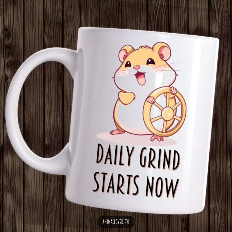 Funny hamster mug showing a joyful rodent powering a tiny wheel with maximum effort, symbolizing determination and fun.