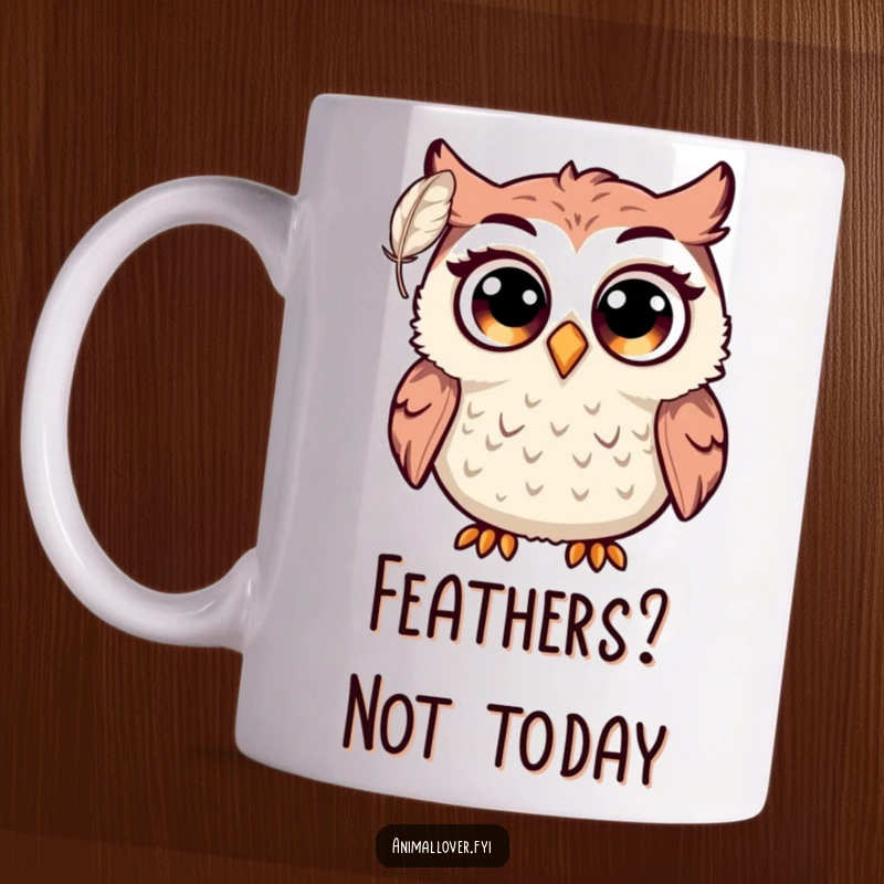 Funny owl mug with huge, wide eyes in shock as a single feather floats nearby. A comical, startled bird illustration.