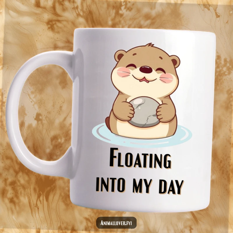 Funny Mug featuring a content otter floating on its back, holding a smooth stone, exuding pure relaxation and joy.
