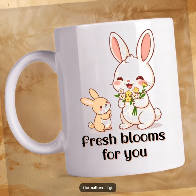 Funny Rabbit Mug: A cheerful rabbit holds a delicate bouquet of tiny flowers, extending them generously to another unseen animal.