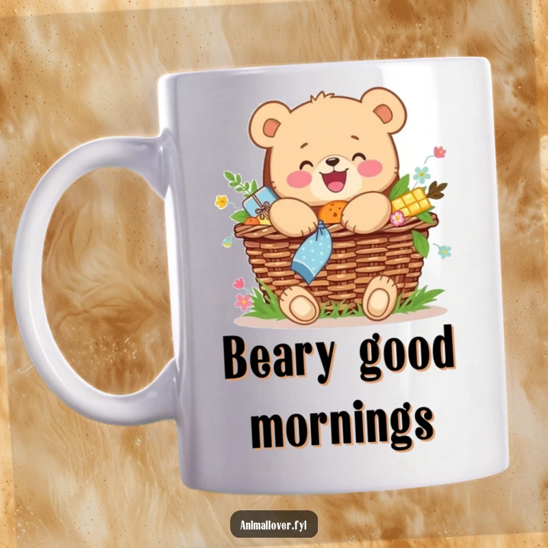 Funny mug showing a joyful bear cub happily hugging a picnic basket overflowing with food, full of delight.