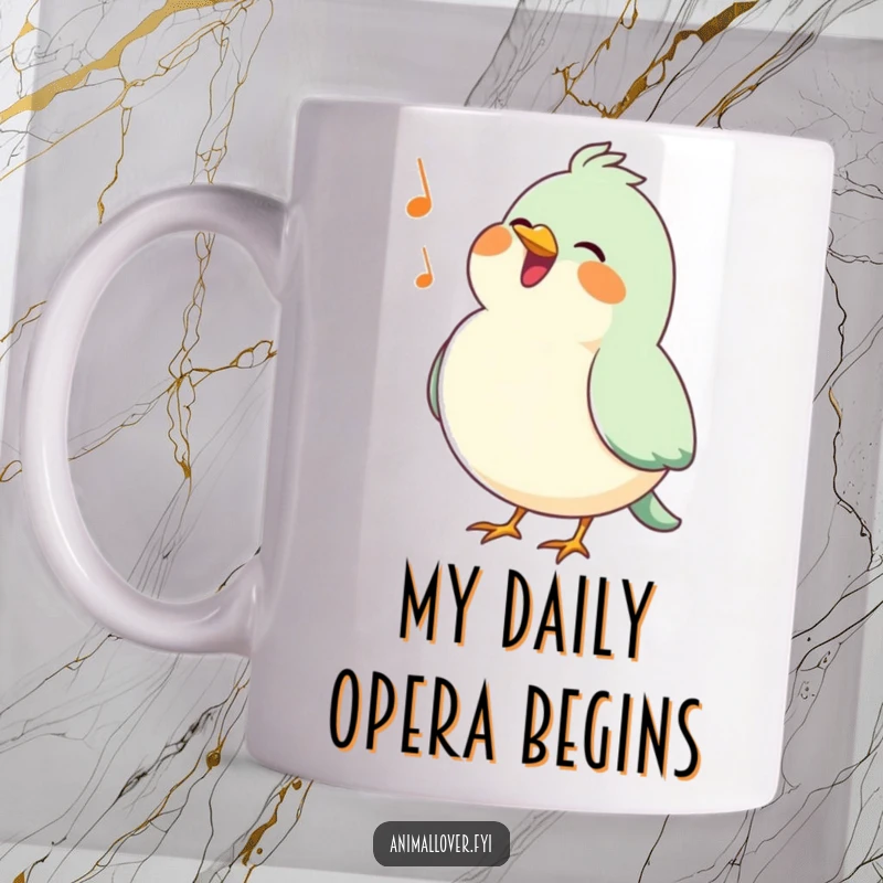 Funny bird mug featuring a happy bird with a puffed chest, singing a cheerful tune, bringing joy and morning cheer.