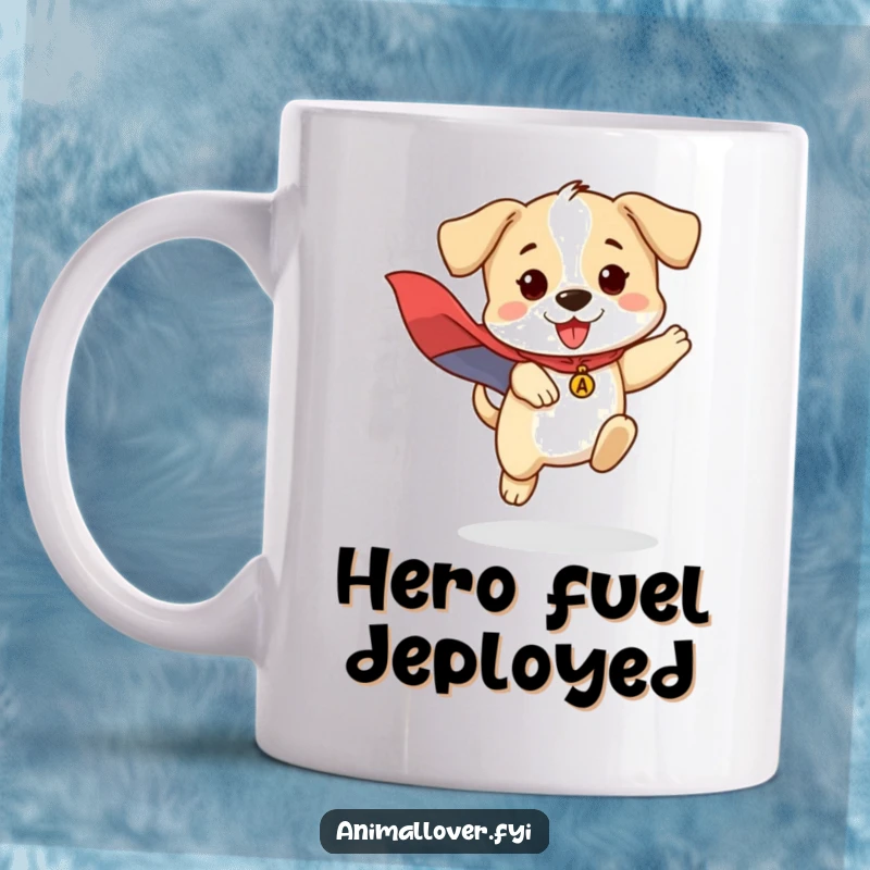 Funny mug illustration of a brave puppy wearing a superhero cape and jumping dynamically, exuding courage.