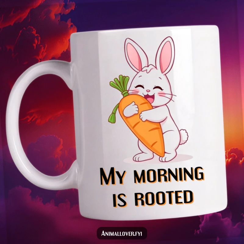 Funny mug featuring a gleeful bunny tightly hugging a massive carrot, symbolizing abundance and happiness. An adorable gift idea.