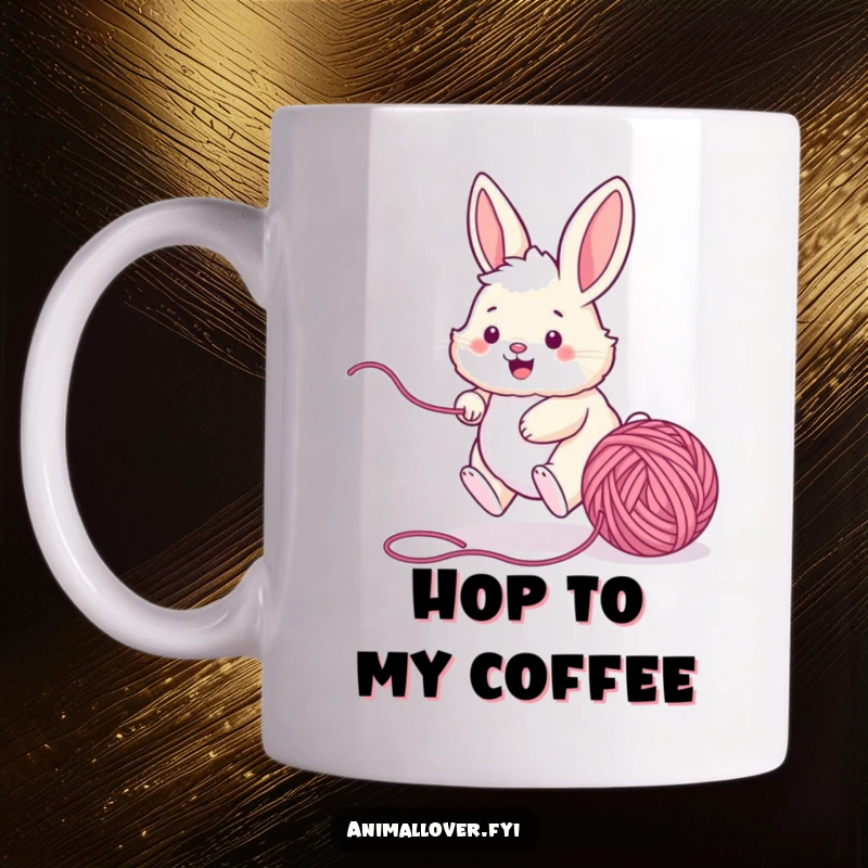 Funny bunny mug showing a fluffy rabbit joyfully pursuing a rolling ball of yarn, capturing playful energy and charm.