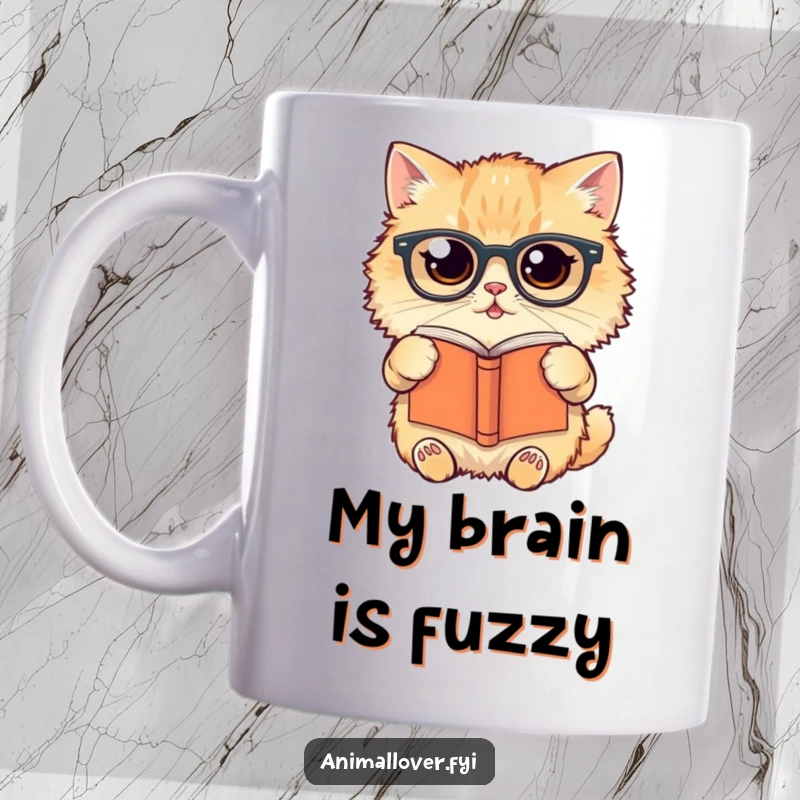 Funny Mug showing a fluffy cat wearing glasses, holding a book upside down with a slightly confused expression.