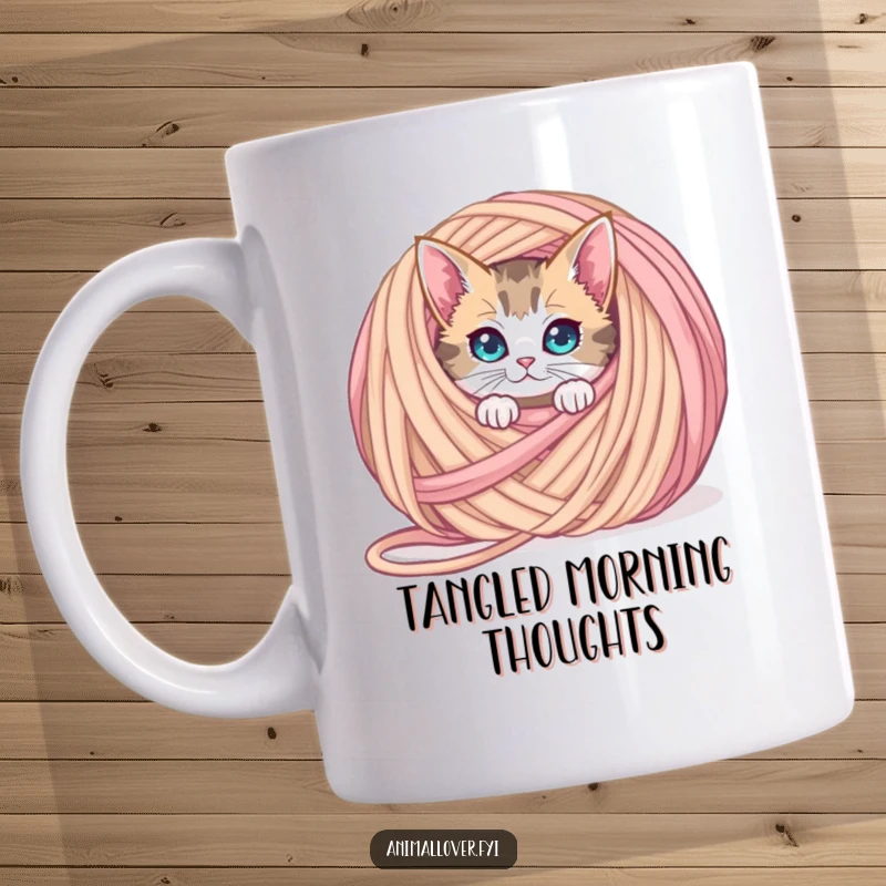 Funny curious cat mug peeking from behind an oversized ball of yarn, embodying playful mystery and feline charm.