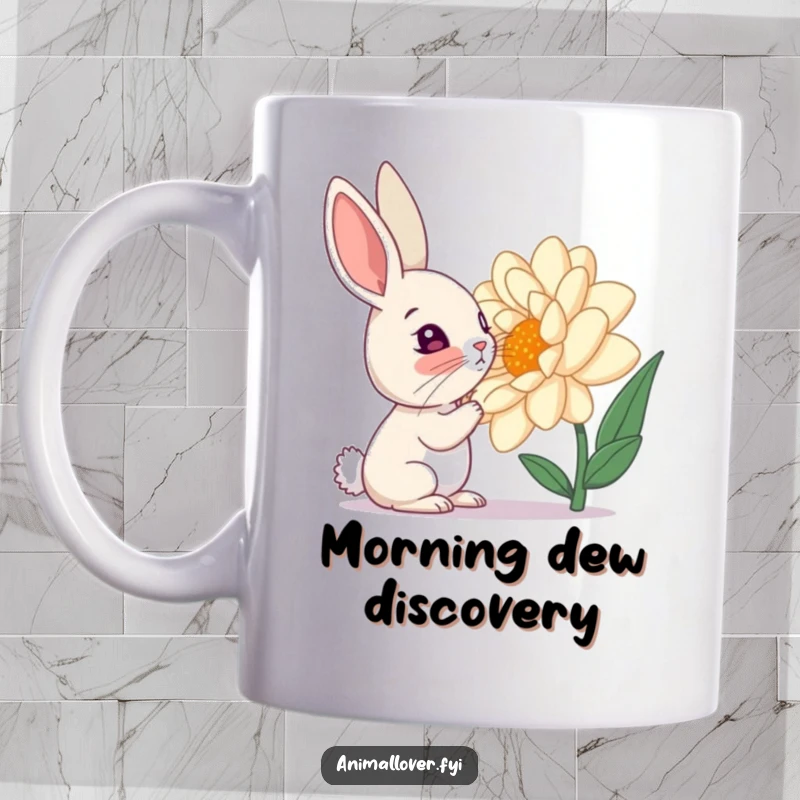 Funny mug design of a curious rabbit sniffing a giant, colorful flower with wide, inquisitive eyes.