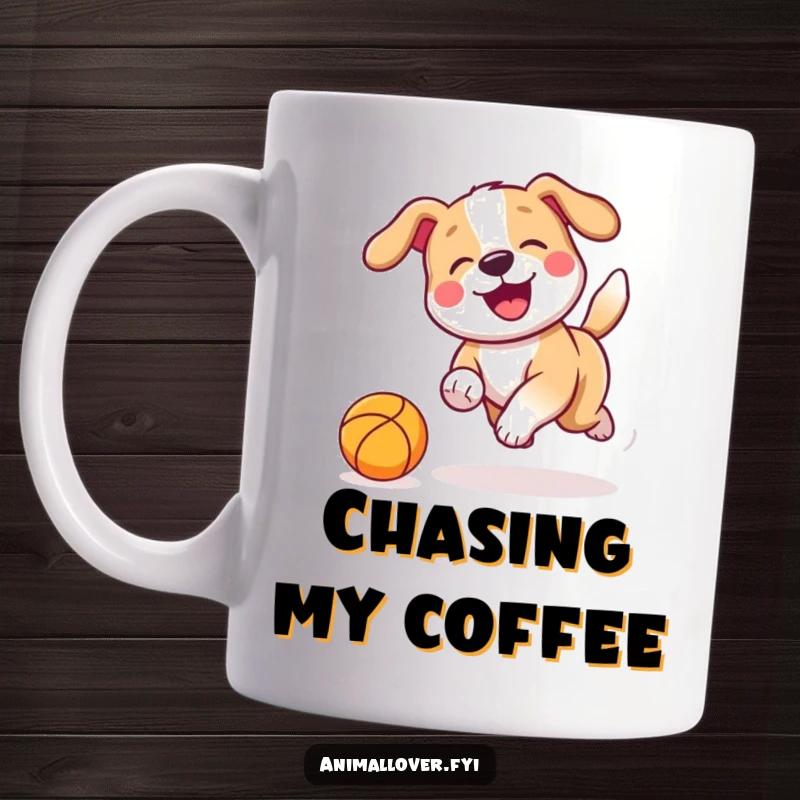 Funny Mug depicting a playful dog with a wagging tail enthusiastically chasing a bouncing ball, radiating pure happiness.