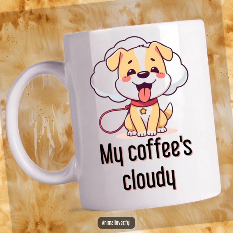 Funny Dog Mug: A happy dog panting with joy holds a leash connected to a friendly, sentient cloud, mid-air.