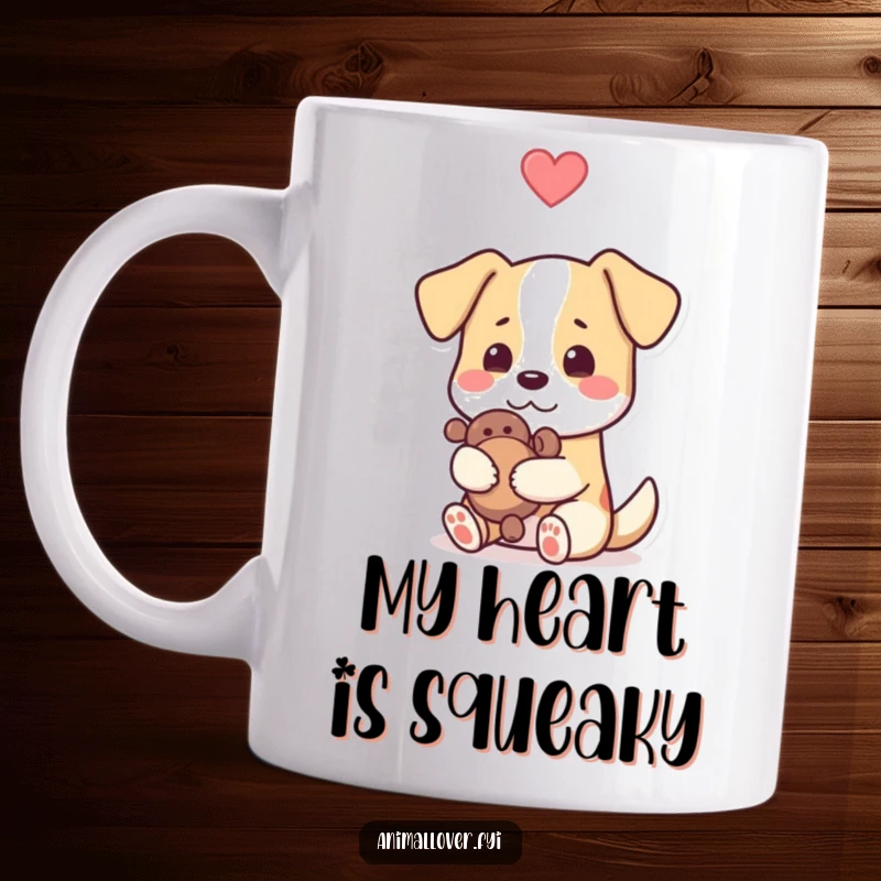 Funny dog mug featuring a happy canine embracing its favorite toy, a heart symbol signifying love and joy, perfect for gift.