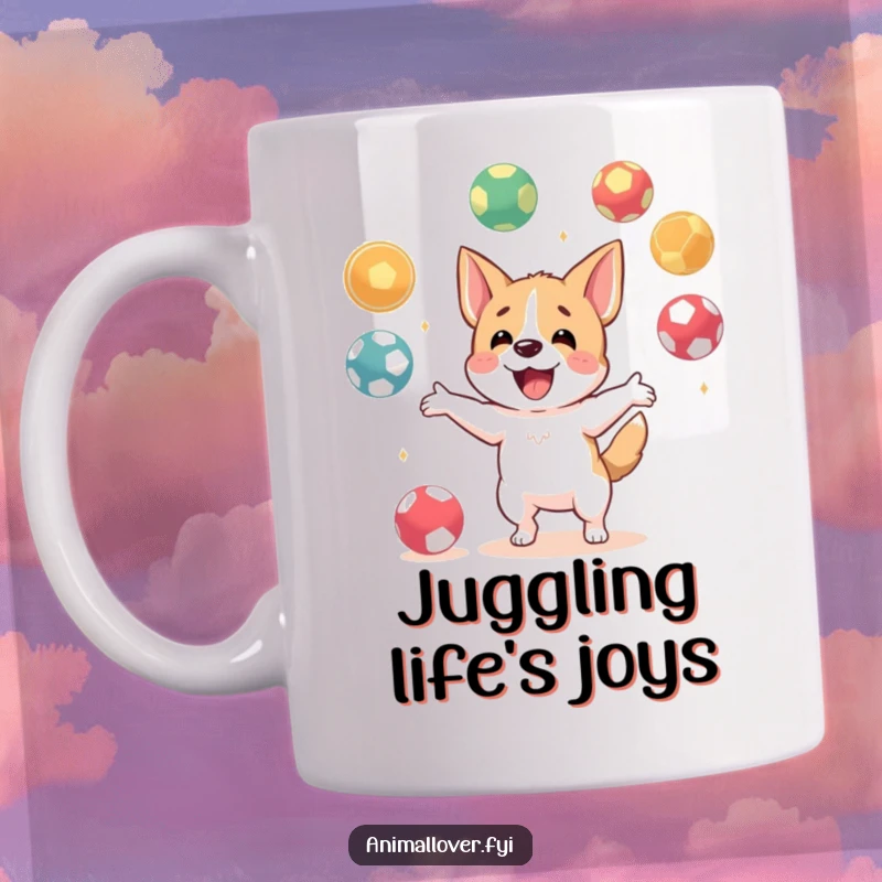 Funny mug featuring a happy dog character skillfully juggling a multitude of colorful balls, expressing pure joy and concentration.
