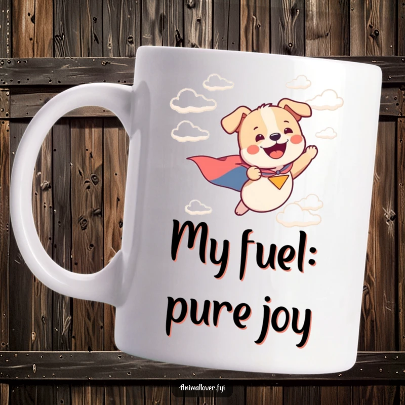 Funny mug with a happy dog in a cape flying through clouds, embodying pure joy and heroic adventure.