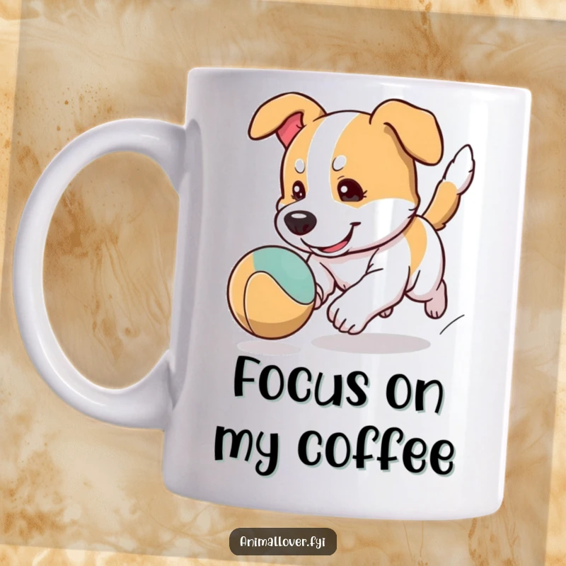Funny dog mug with a cartoon dog character chasing a bouncing ball with intense, playful focus and determination.