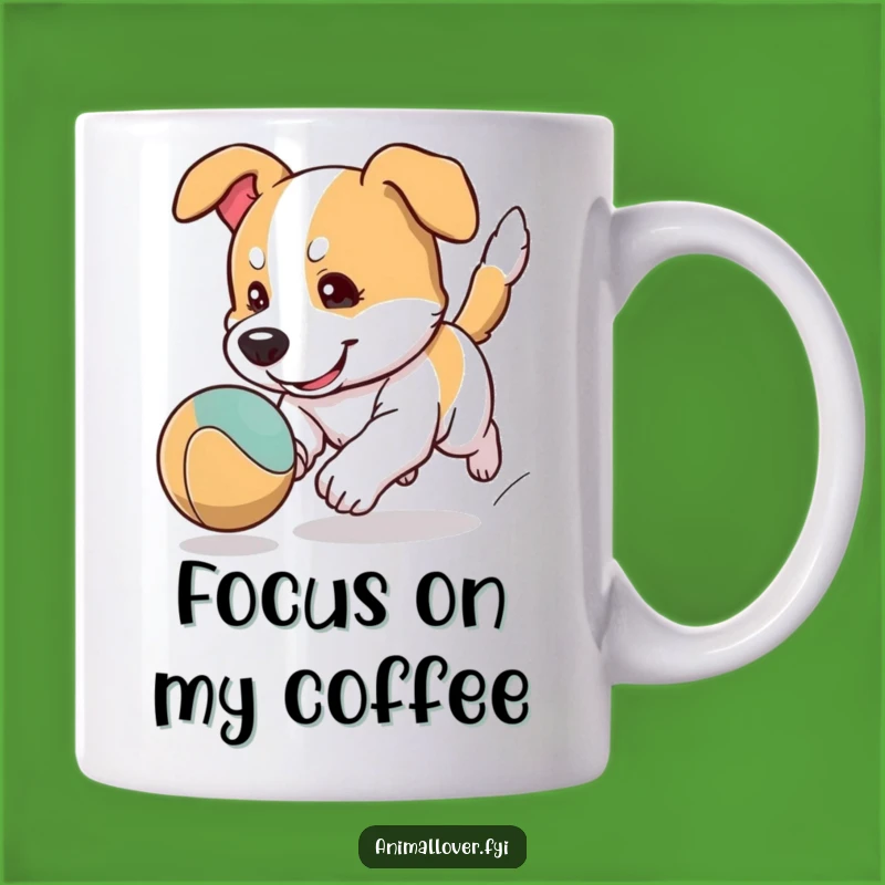 Funny Focused Dog Ball Chase Mug: Humorous Cartoon Gift for Playful Pups