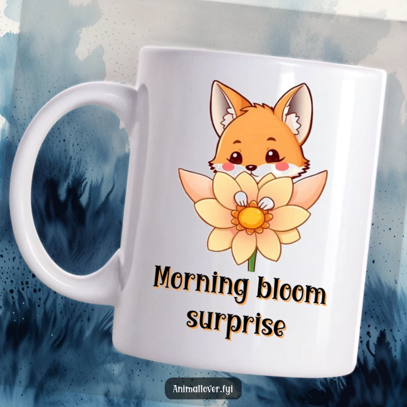 Funny mug with a curious fox character peeking from behind a large, colorful flower, showcasing playful intrigue.