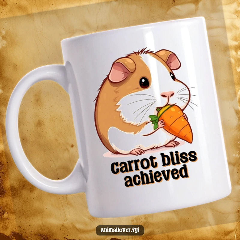 Funny contented guinea pig nibbling a miniature carrot on a mug, showing happiness and sweetness, a perfect funny gift.