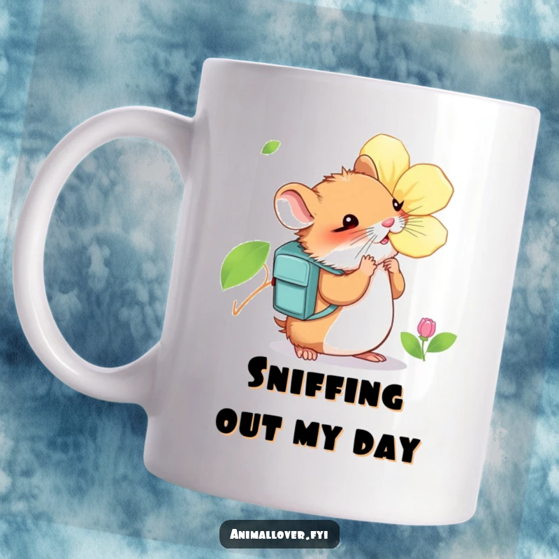 Funny Hamster Mug: A curious hamster wearing a small backpack eagerly sniffs a large, vibrantly colored flower.