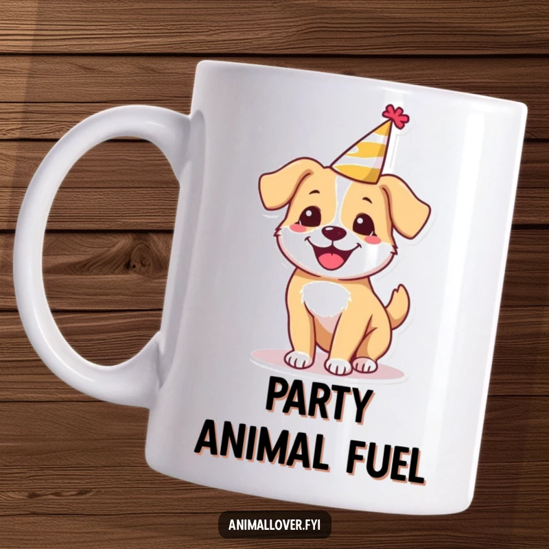 Funny happy dog mug wearing a tiny party hat, joyfully spinning around, embodying canine celebration and pure delight.