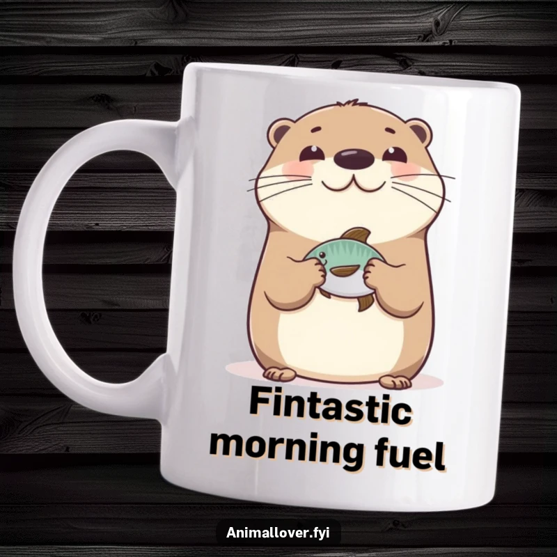 Funny Happy Otter Mug featuring a cheerful otter expertly balancing a small fish on its nose, showcasing playful aquatic skill.