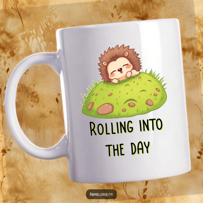 Funny mug with a happy hedgehog character joyfully rolling down a green grassy hill with eyes closed in bliss.
