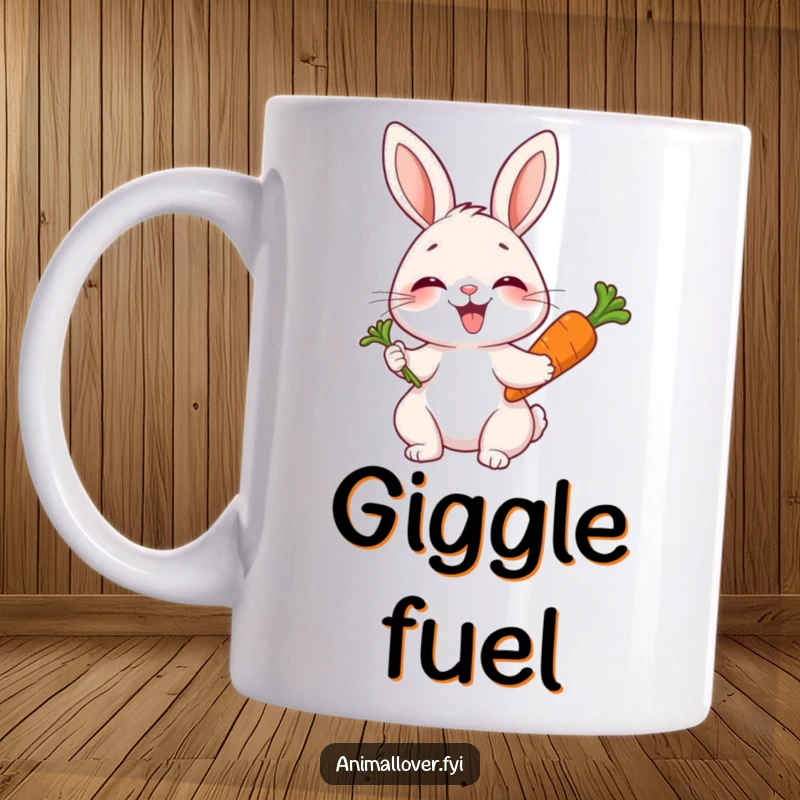 Funny mug with a joyful rabbit giggling gleefully while holding a big, fresh carrot, radiating happiness.