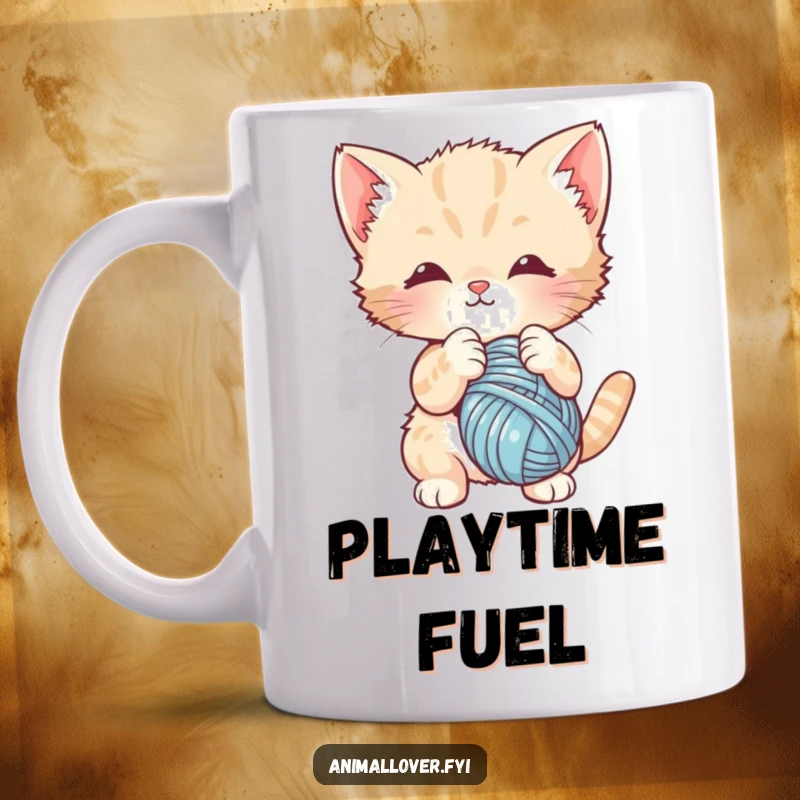 Funny mug featuring a cute kitten enthusiastically batting at a dangling ball of yarn. Captures playful feline energy.