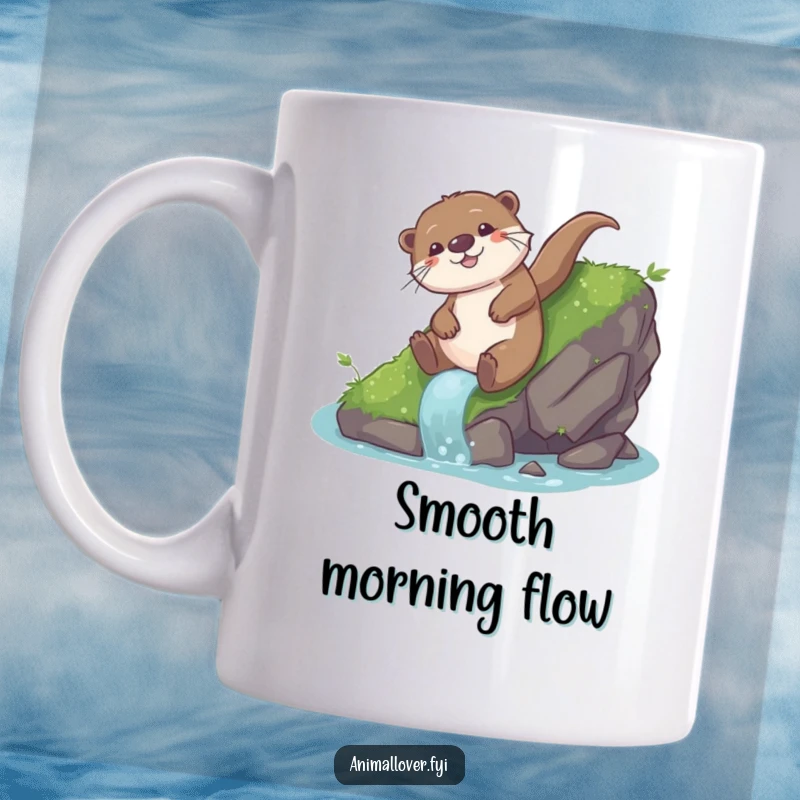 Funny otter mug with a joyful otter sliding down a mossy rock, conveying pure happiness and playful energy.