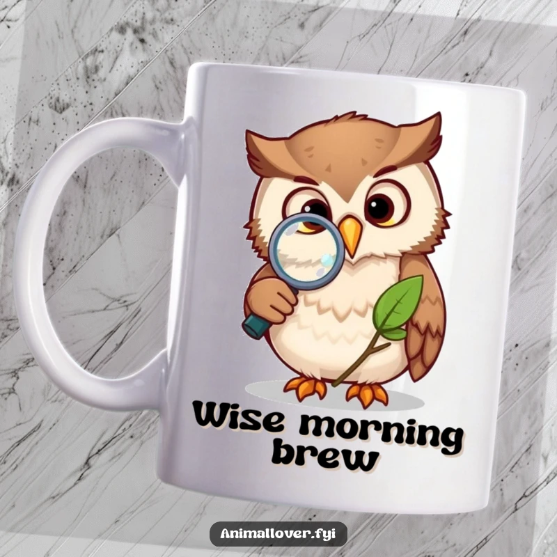 Funny owl mug showing a wise bird intently studying a leaf with a magnifying glass, embodying curiosity and intellectual pursuit.