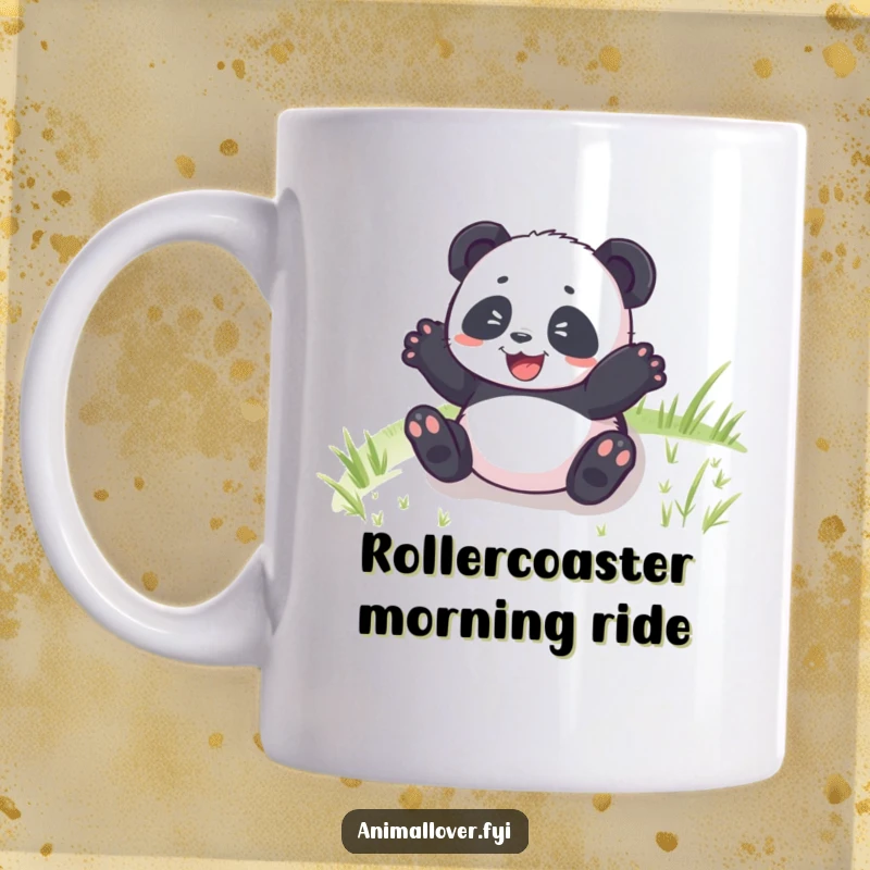 Funny Panda Cub Rolling Mug capturing a delighted cub tumbling down a green hill with pure, unadulterated joy and happiness.